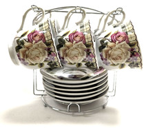 12 PC FOR 6 PINK WHITE ROSE LACE TEA CUP,SAUCER TEACUP METAL DISPLAY RACK FRAME