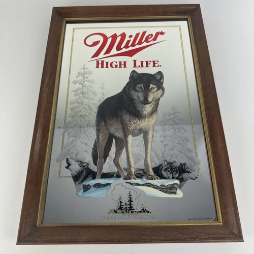 VTG Miller High Life Timber Wolf Animal Framed Hanging Beer Mirror Bar Sign 1991
