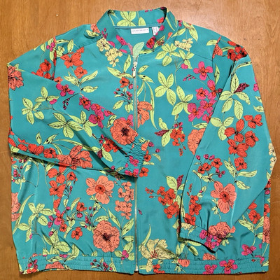 Susan Graver Women s 2X Green/Teal Floral Lightweight Floral Zip Up Jacket NWOT