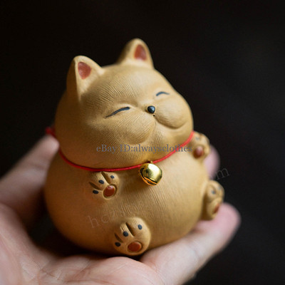 China Yixing Zisha Pottery Purple Clay Cute Lucky Cat Bell Cat Tea Pet Statue