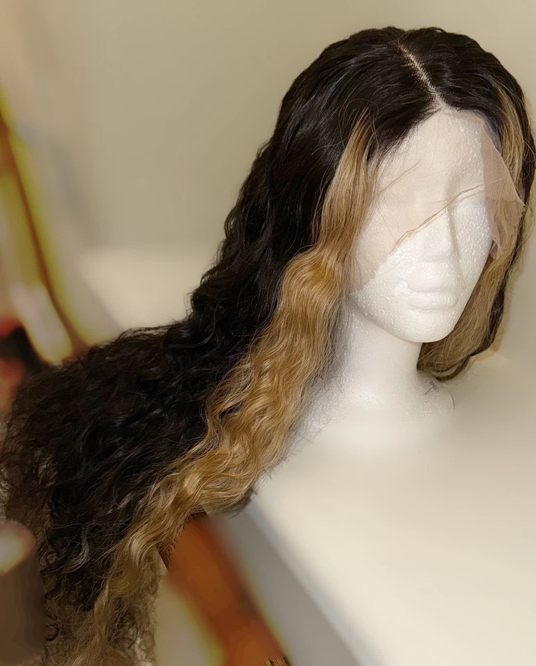 Precioso, 30 pulgadas, 100 % cabello humano, onda de agua suelta, negro azabache con rayas rubias, peluca Foto 2 de 4