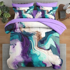 Comforter Set Full Size, Marble Colorful 7 Pcs Bedding for and Adults, Multic...