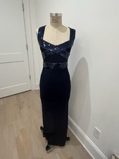 Herve Leger Dress Large Sequin Criss Cross Evening Prom Gown Blue Navy Long L