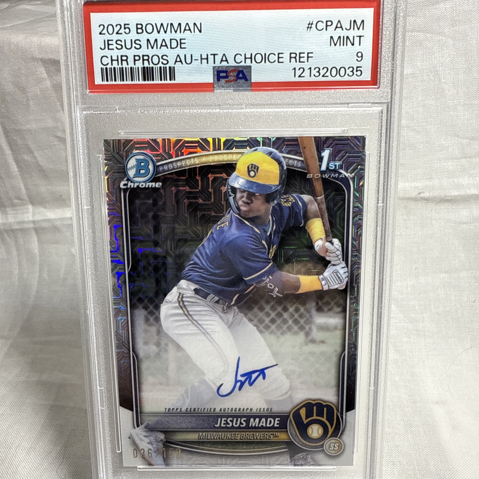 2025 Bowman Jesus Made Chrome Auto HTA Choice Refractor 1st Prospect #/150 PSA 9