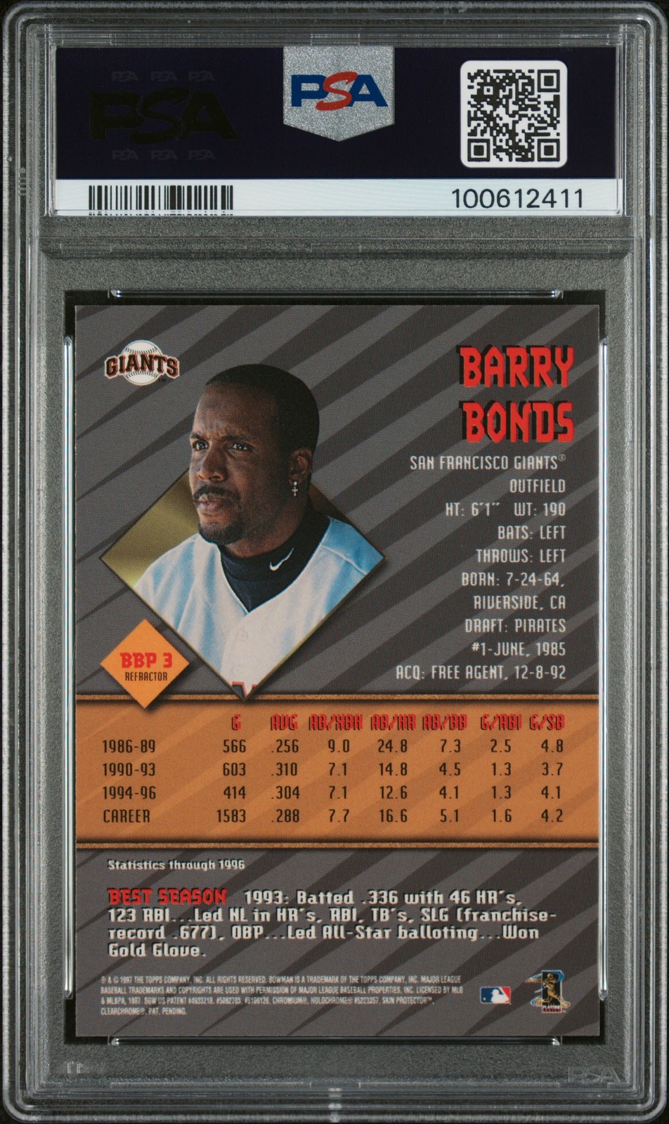 1997 Bowman's Best Barry Bonds Preview Refractor PSA 9 Mint #BBP3 Baseball Card view 2