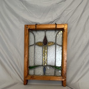 Antique Leaded Stained Glass Window Hanging. Rectangle. Varnished  Wooden Frame