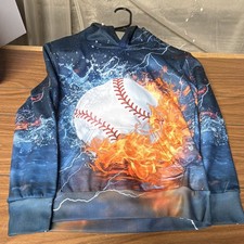 Boys L Blue Pullover Hoodie Fleece Graphic Print Pockets Polyester Spandex
