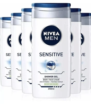 Pack of 6 NIVEA MEN Sensitive 3in1 Shower Gel 250ml Body Face Hair Wash UK