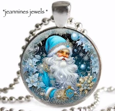 Blue Santa Claus NECKLACE Old World CHRISTMAS Gift Silver Charm Pendant