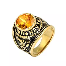 Gold Plated Orange CZ US Navy Signet Ring Stainless Steel Men's Boy's Army Ring