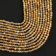 Natural Golden Rutile Quartz Gemstone Round Micro Faceted Beads String 15.5"