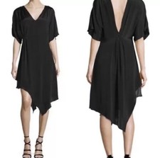 Alice + Olivia Dress Size 4 Geena Black Asymmetric V-Neck Satin Short Sleeves