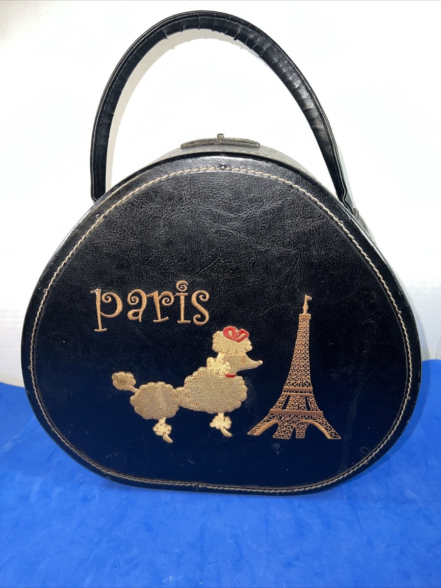 Vintage Paris Poodle Eiffel Tower Black Leather Embroider Hatbox