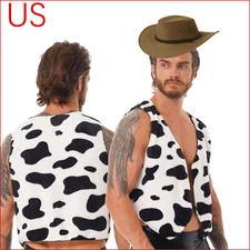 Men Cow Print Vest Sleeveless Cardigan Waistcoat Cowboy Halloween Cosplay Top