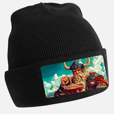Black Beanie Hat with Cool Viking Motif - Unisex Cap, Cotton