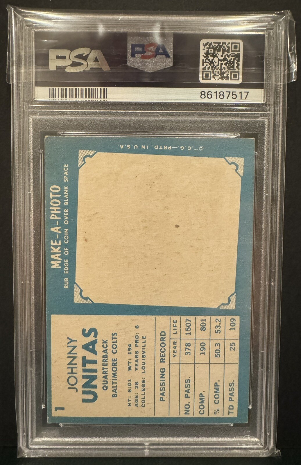 1961 TOPPS JOHNNY UNITAS #1 Football Card PSA 5 EX BALTIMORE COLTS HOF view 2