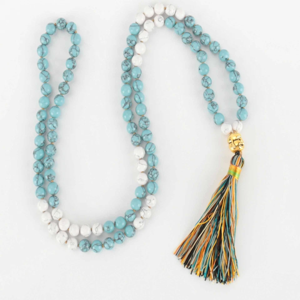 Gargantilla de madera de yoga para hombre 8 mm 108 nudos natural azul blanco turquesa cuentas collar Foto 3 de 4