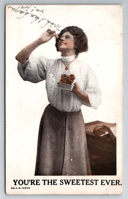 Woman Eating Chocolate You're The Sweetest Ever 1912 Divided Back Vtg Postcard
