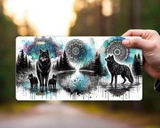 Black Wolf Mandala Aluminum Front License Plate Car Accessory Vanity Plate