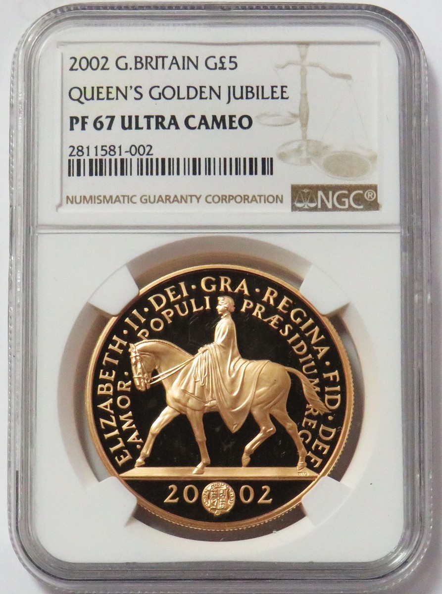 2002 GOLD GREAT BRITAIN 3500 MINTED 5 POUNDS GOLDEN JUBILEE NGC