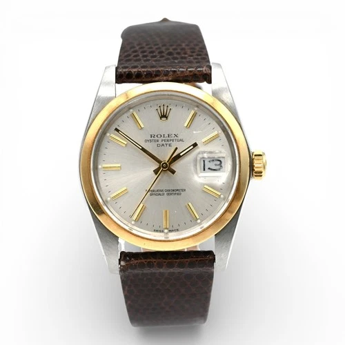 ROLEX OYSTER PERPETUAL DATE 1500 MECHANICAL WRISTWATCH STAINLESS STEEL 14K GOLD