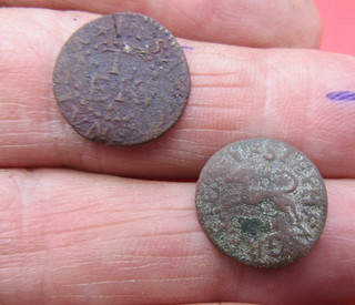 2 17TH CENTURY COPPER TOKEN COINS DOG DETECTING