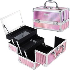Shiny Pink Makeup Train Case Portable Organizer Mirror Locking Hard Box