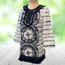 TORY BURCH Tunic Top Mirror Fringe Embellished Boho Tie Dye Indigo White Size 8