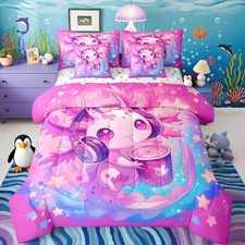 Cute Axolotl Bed in a Bag Kids Kawaii Ocean Sealife 7 Piece Bedding Set Full ...