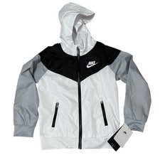 Nike Kids Windrunner Jacket White Black Grey Repel Hooded Zip Up Size 6