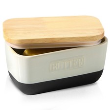 Ceramic Butter Dish with Lid for Countertop, Airtight Butter Keeper with Wood...