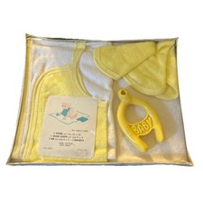 Vtg Baby Terry Bath Set Yellow White Towel Washcloth Bib Toy 100 Cotton USA