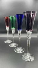 Ajka Cut to Clear Crystal Flutes Set of 4 Multi Color Hungary 9.75" Lead Glass