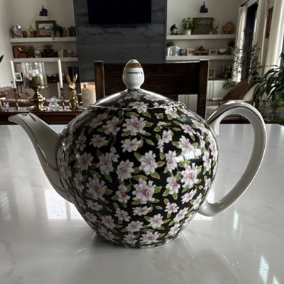 Vintage 1935 Lefton China Floral Porcelain Teapot Black White Pink Green Gold 