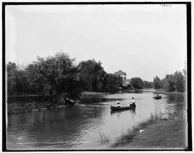 Lake,skating pavilion,sports recreation facility,Belle Isle historic photo
