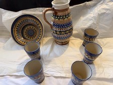 Lausitzer Keramik Krug 24cm, 5 Becher, 1 Schüssel Handarbeit geschwämmelt