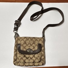 Coach Signature Small Crossbody Bag Brown Tan Turn Lock Zip Silver Hardware