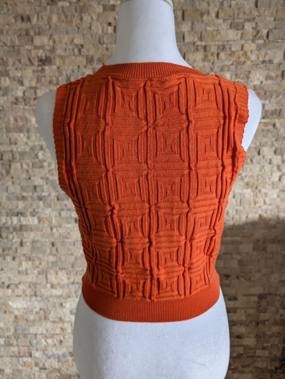 Orange Geometric Knit Sleeveless Sweater Crop Top Sz S Dopamine Kidcore Retro image 4