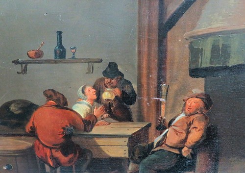 UNKNOWN ARTIST ANTIQUE TAVERN SCENE OIL PAINTING ON PANAL 13 1/2" X 11" - Bild 1 von 6