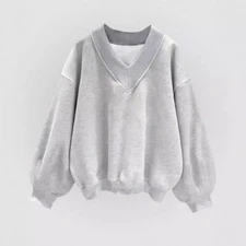 Gray sweatshirt fashion Korean style casual loose V-neck top