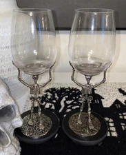 Set of 2 Silver Metal Halloween Skeleton Holding Wine Goblet Glass Goth New