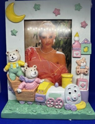 Vintage Baby 3D Train w/ Teddy Bear Ceramic Photo Picture Frame