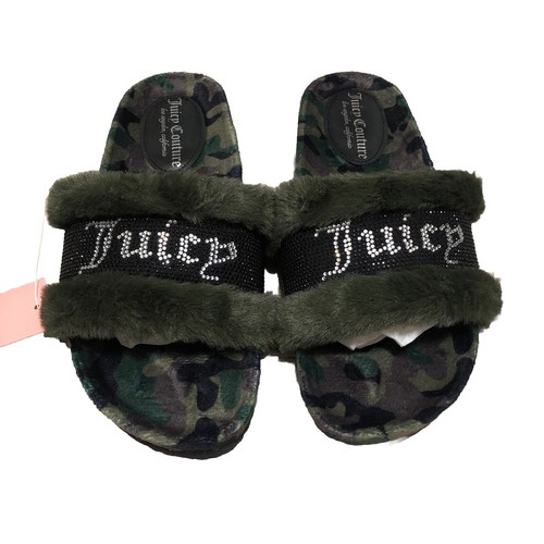 Juicy Couture Slide Slippers Faux Fur Crystals Green Camo Womens Size 8 - Afbeelding 1 van 6