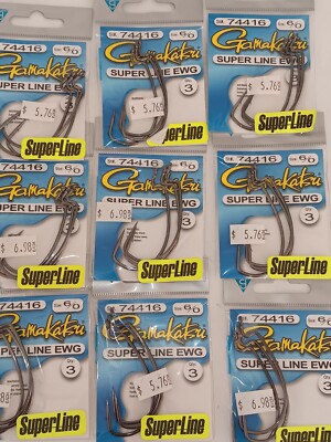 fish hooks 9 Gamakatsu Super Line Fish Hooks Extra Wide Gap Size 6/0 Black 74416
