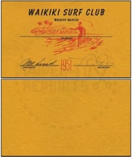 WAIKIKI SURF CLUB MEMBERSHIP CARD - VINTAGE REPRINT