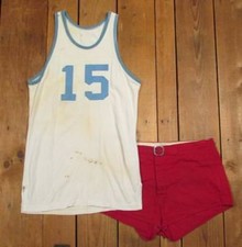 Vintage 1950s Basketball Uniform Wht/Blue Rayon Knit Tanktop Shirt w/ Red Shorts