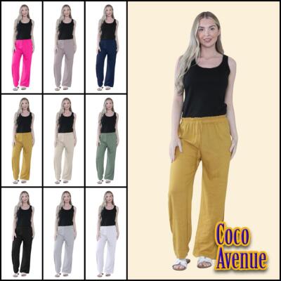 Damen Leinen Baumwolle Italienische Hose Gummibund Uni Freizeit Weites Bein Hose