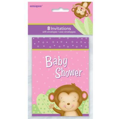 BABY GIRL MONKEY INVITATIONS (8)  Shower Party Supplies Stationery Invites Card