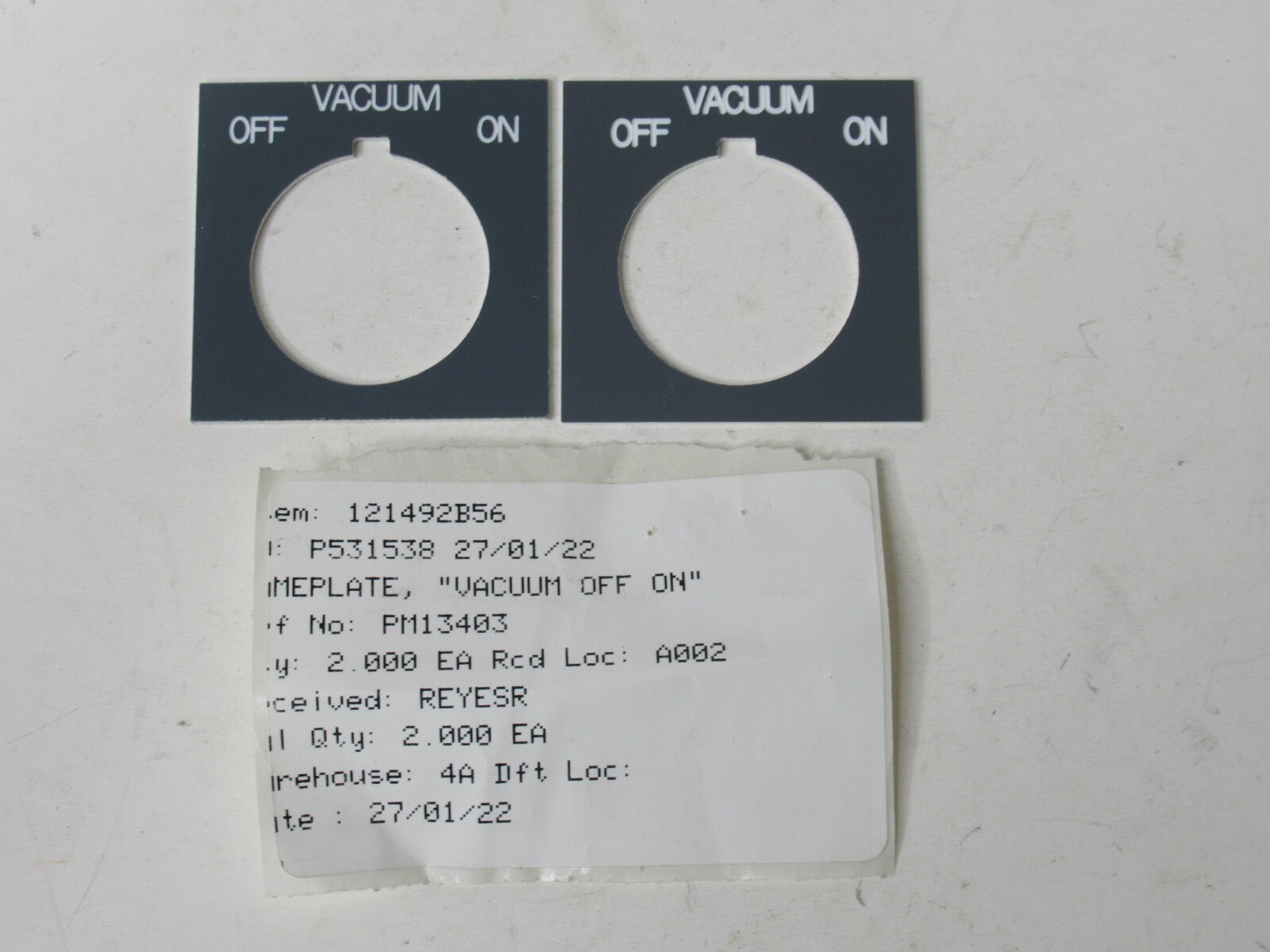 (NEW - Lot of 2) P531538 , 121492B56 Vacuum On/Off Legend Plate - Vinyl ...