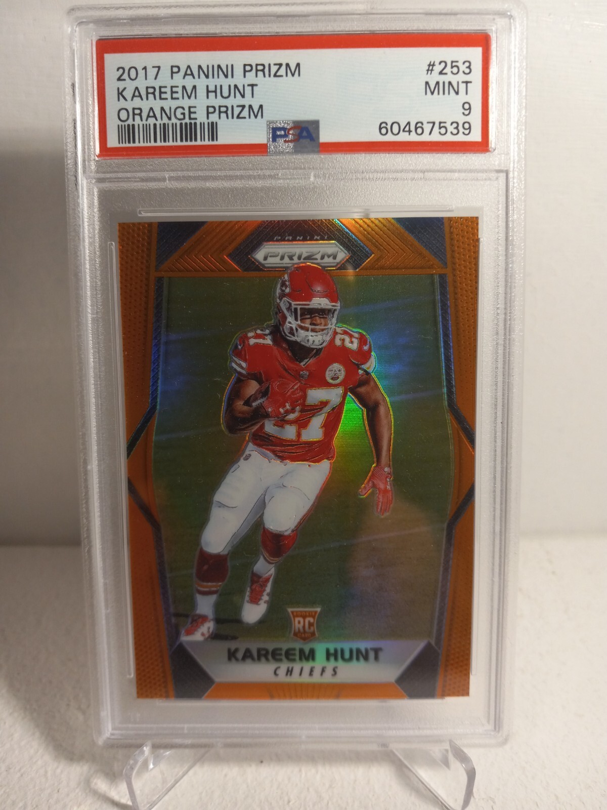 2017 Panini Prizm Kareem Hunt Rookie Card #253 Orange 74/275 PSA 9